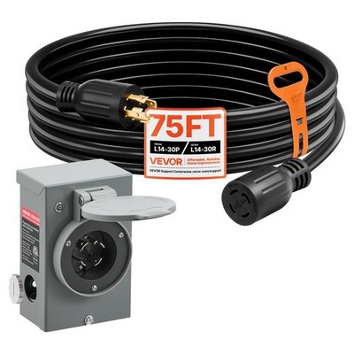 30 Amp Generator Cord and Power Inlet Box, 75 FT, 125/250V NEMA L14-30P to L14-3