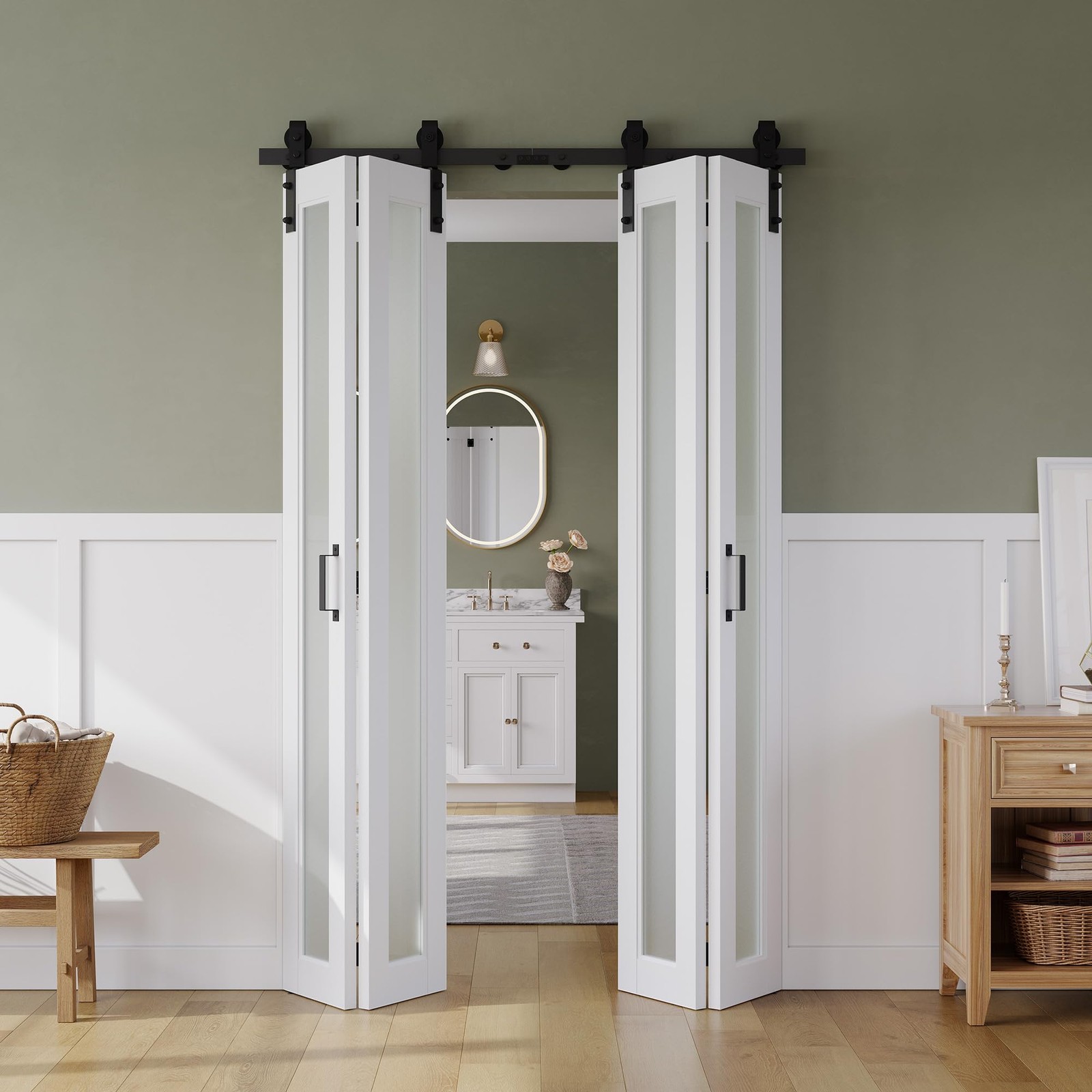 48-Inch x 84-Inch Bifold Sliding Barn Door with Tempered Frosted Glass Panel