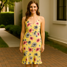 Floral Yellow Dress V-Neck Women’s Ruffle Midi Dress Size Small