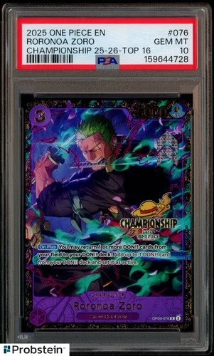 2025 One Piece OP09-076 Roronoa Zoro Top 16 Regional Championship Card PSA 10