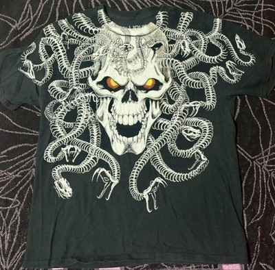Liquid Blue Skull Snake Graphic Cotton T-Shirt Black White Men's Size L
