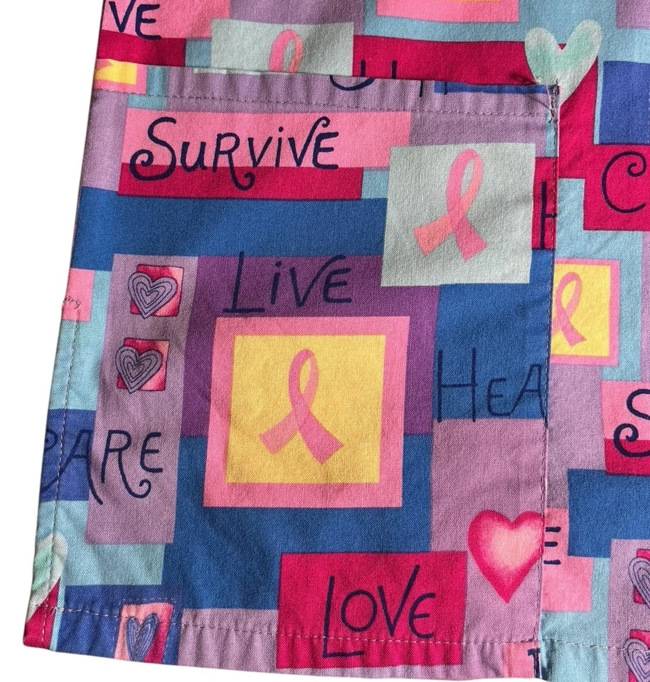 White Swan Scrub Top Women’s Large Pink Ribbons Hearts Pockets 100% Cotton - Image 4 of 4