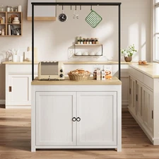 42" Kitchen Island with Wood Countertop Storage Bar Cabinet w/Shelves & 5 Hooks