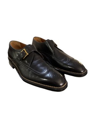 A. Testoni Black Leather Wingtip Oxford Dress Shoes Mens Size 8M NEW Gold Buckle