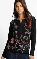 New Johnny was Mixed Media Henley Thermal Black Top L