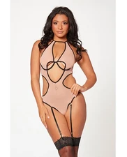 Seven ’til Midnight Mesh Cut Out Halter Teddy Nude/Black
