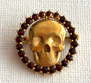 Authentic Vintage Edwardian Memento Mori Gold Plated Garnets Big Skull Pin Brooch