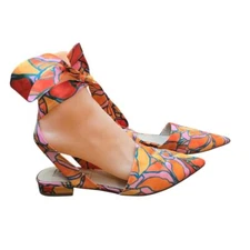 Antonio Melani Santana Floral Print Pointed Toe Ankle Wrap Flats Sz 6.5M