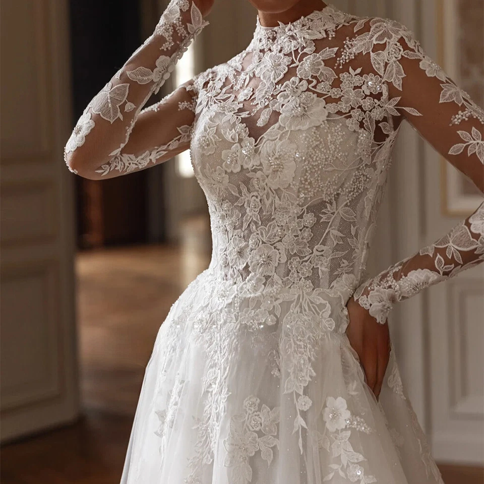 Elegante Vestido de Boda Cuello Alto Mangas Completas Lentejuelas Apliques Botón Espalda Línea A Foto 3 de 4