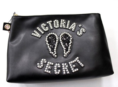 Victoria's Secret Pearl Sequin Patch Angel Wings Cosmetic Beauty Bag Case Black