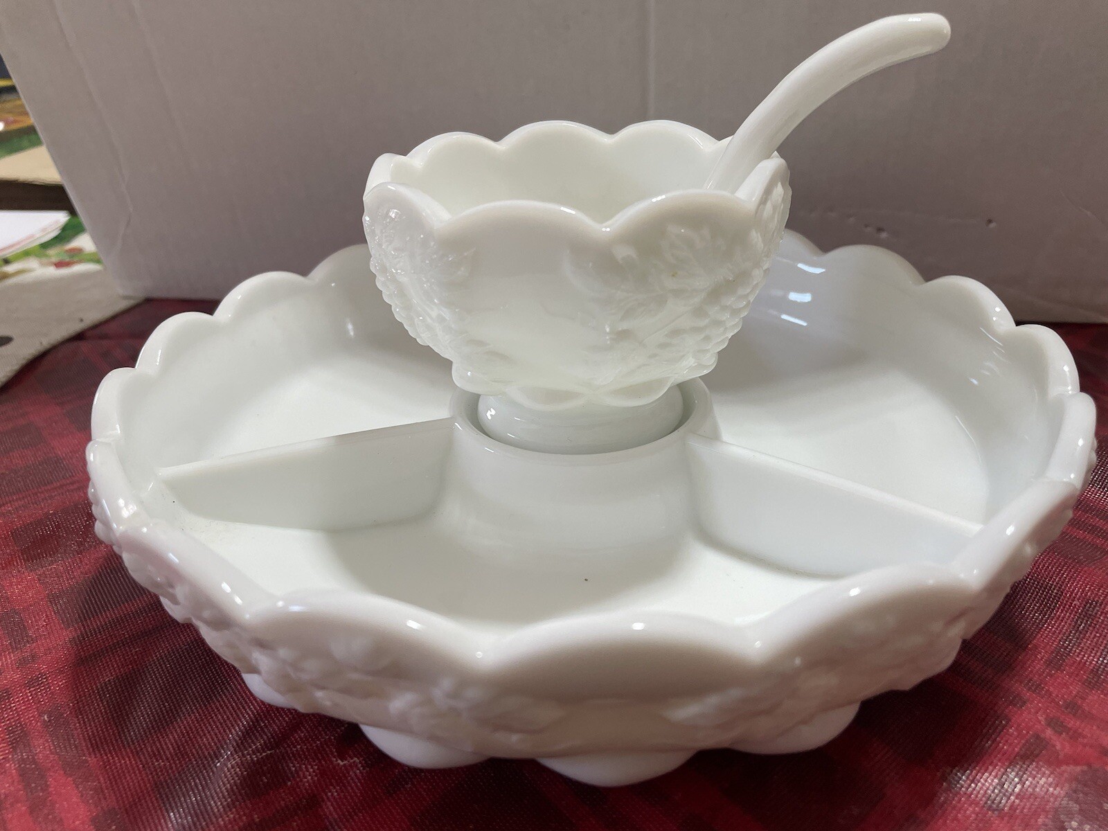 Paneled Grape Divided Relish Dish Bowl & Ladle Milk Glass Westmoreland MLK # 29