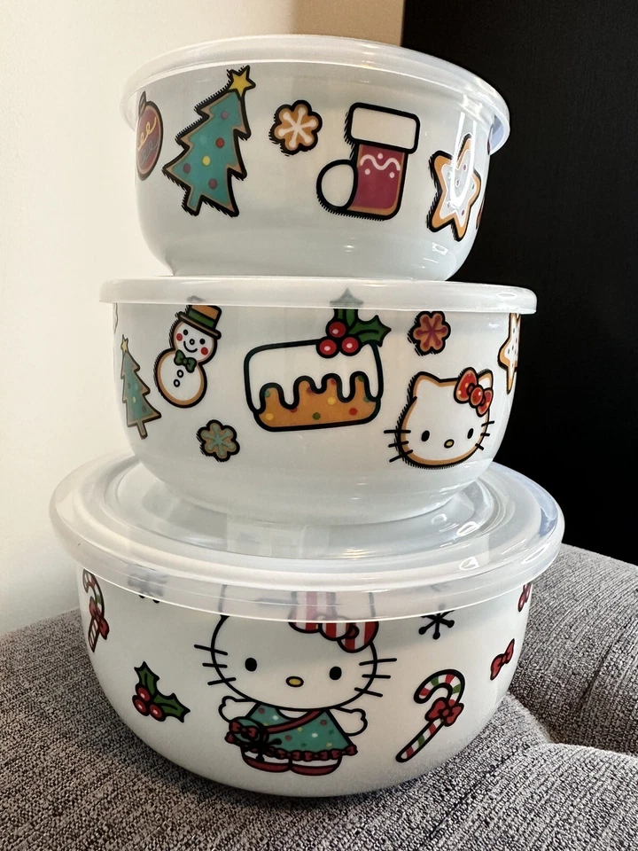 Hello Kitty Tema Navidad Contenedor de Alimentos Cerámica y Plástico Tapa Juego de 3 - NUEVO Foto 2 de 4