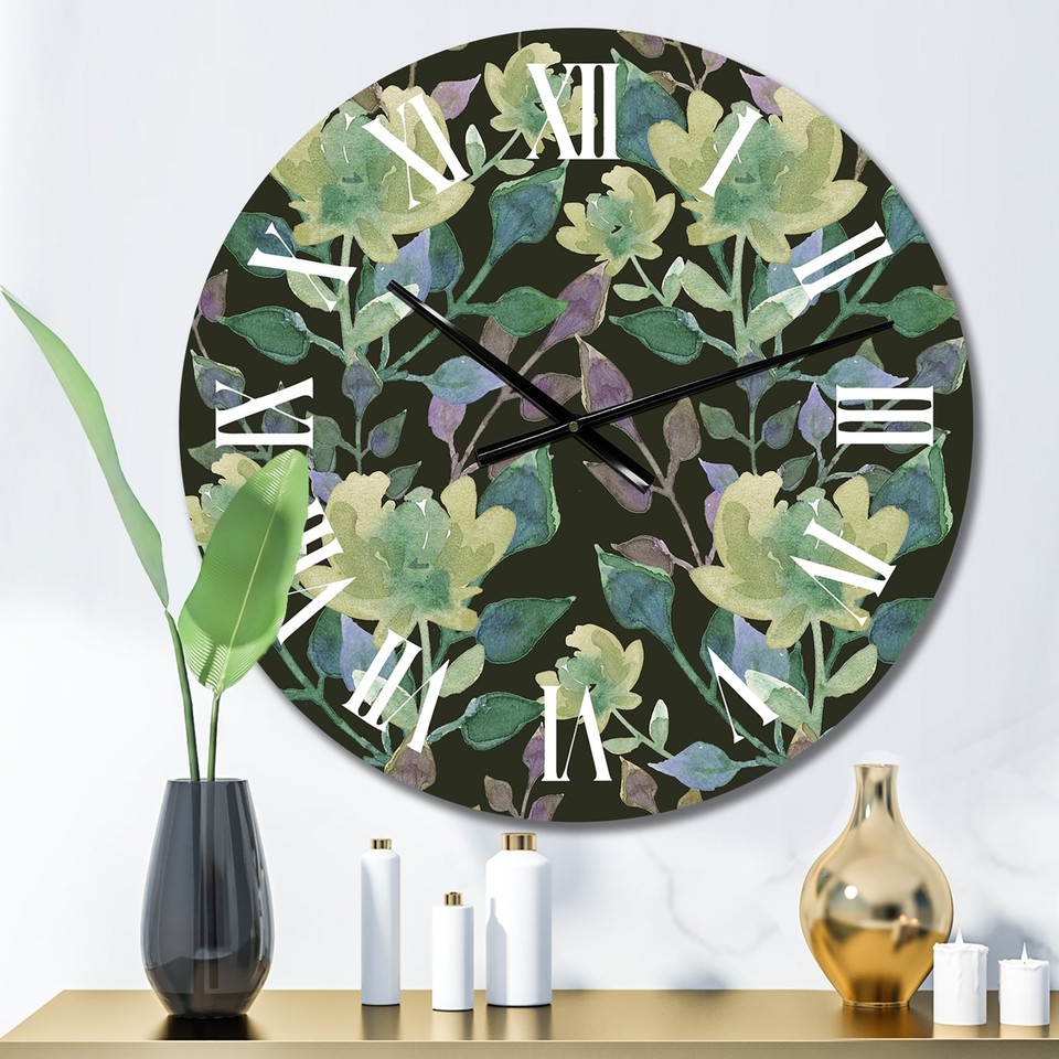 Designart 'Light Green Botanicals On Dark Green' Traditional wall clock