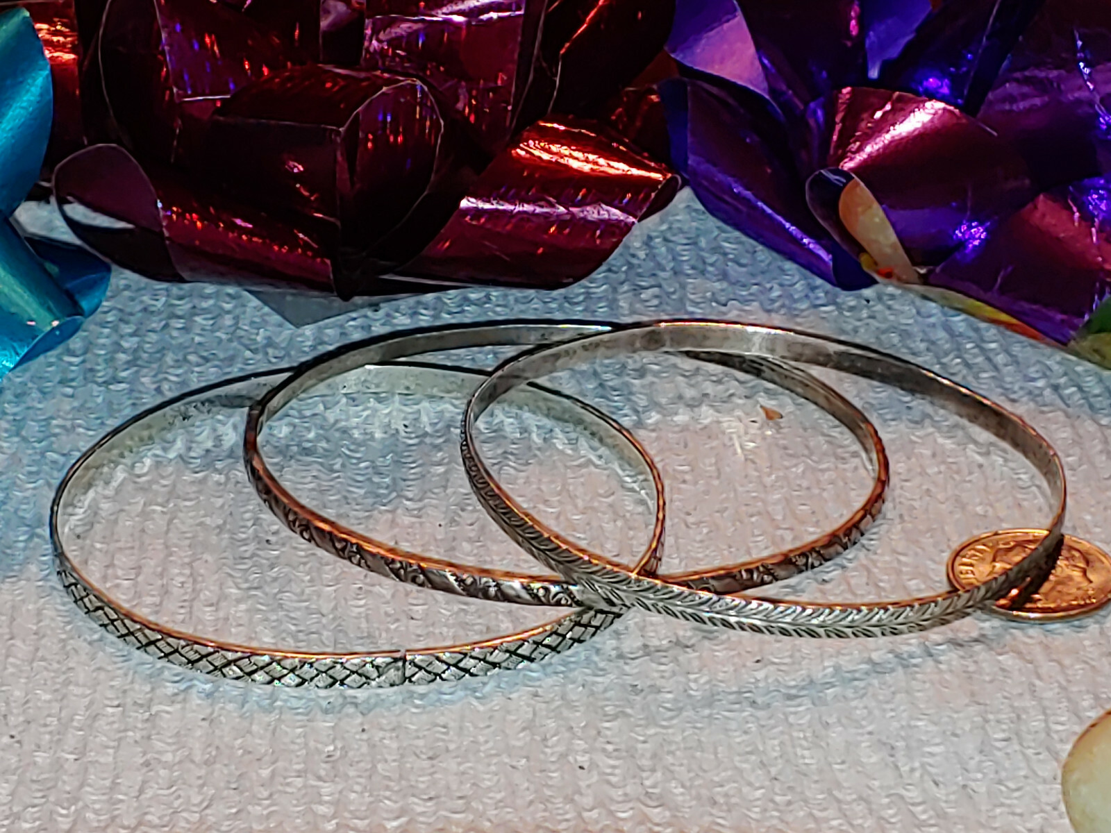 THREE Sterling Silver Patterned Etched Mix Match … - image 7