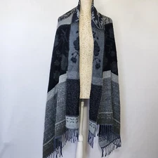 Aurora Paci Italia Blue Gray Floral Print Wool Blend Scarf Wrap Shaw Fringe City