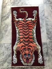 Hand knotted Tibetan Tiger orange Medium silk and wool rug ( 70 cm × 140 cm )
