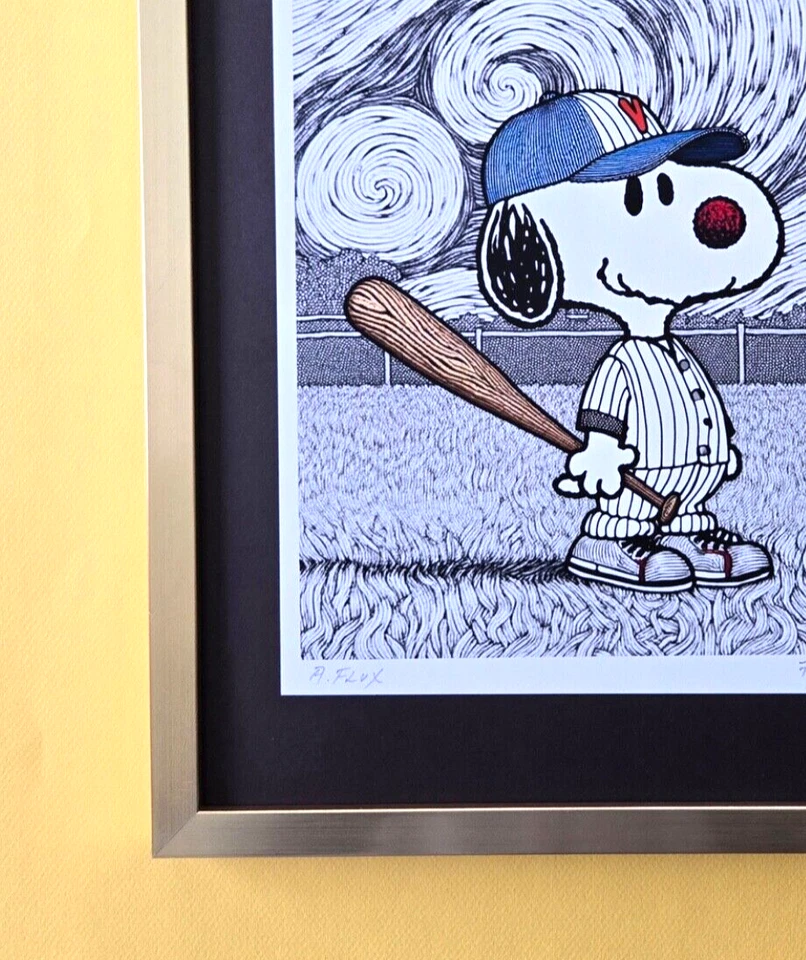 AIDAN FLUX | Estampado Auténtico Firmado a Mano Enmarcado Snoopy Jugando Béisbol | Certificado de Autenticidad Foto 3 de 4