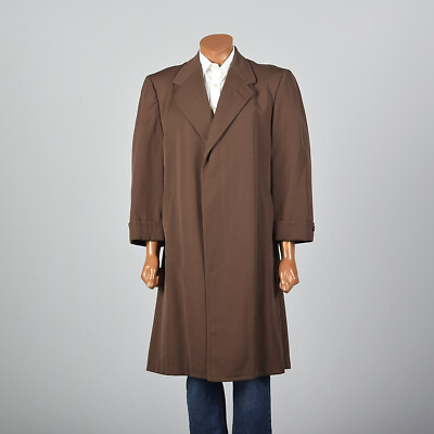 L 1950s Mens Brown Gabardine Winter Coat Outerwear Button Front L 1950s Mens Brown Gabardine Winter Coat Outerwear Button Front