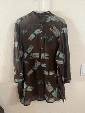 CITRON Santa Monica Brown Butterfly Print Silk Button Kimono Sleeve Tunic XL