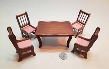 Dollhouse Miniature - Walnut Dining Table & 4 Chairs Pink Upholstery