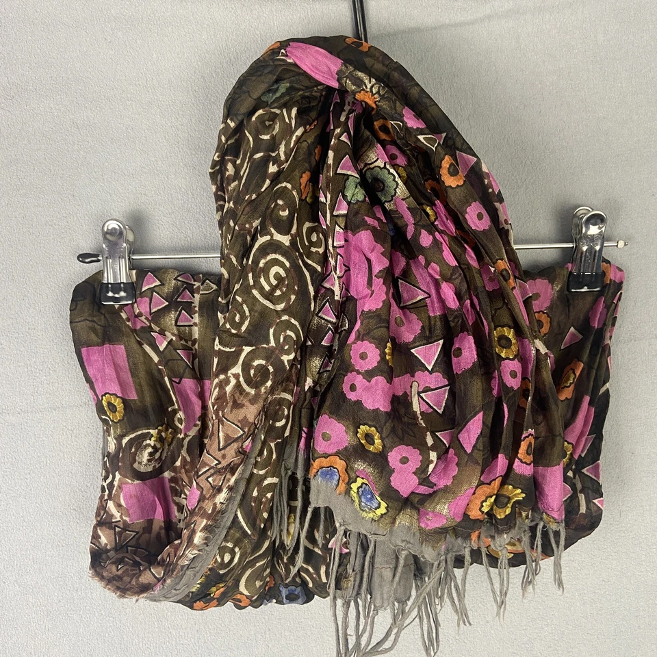 Womens boho Silk blend Scarf Wrap print  sacred thread fringe 72x13" - Image 3 of 4