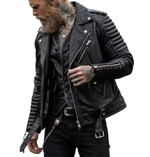Men Black Genuine Leather Biker Jacket Retro Cafe Racer Motorcycle Punk Rock