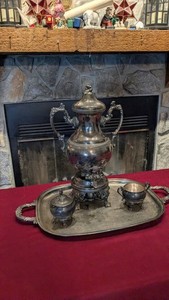Silver Plated Hot Water Coffee Tea Urn Dispenser Set, Server, Floral Ornate  