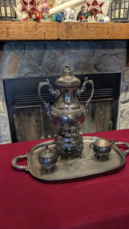 Silver Plated Hot Water Coffee Tea Urn Dispenser Set, Server, Floral Ornate  