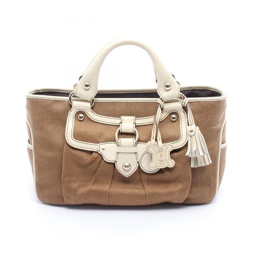 Celine Boogie Bag Canvas Leather Charm Handbag Brown Ivory Women Used Authentic