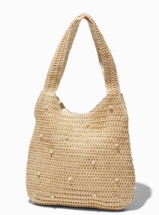 Claire's Tan Pearl Woven Slouchy Shoulder Bag