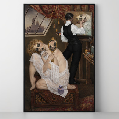 Der Künstler und seine maskierte Muse | Surrealer zeitgenössischer Kunstdruck Wandbild Poster