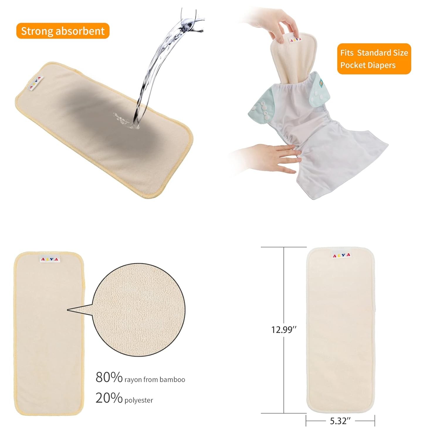 ALVABABY Baby Cloth Diapers/6 Pack with 12 Pcs 4-Layer Rayon from Bamboo Inserts