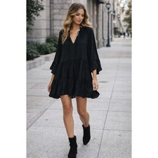 Show Me Your MuMu Viola Tiered Mini Dress Flowy Black Long Sleeve Small