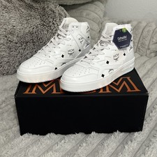 MCM White High Top Logo Print Sneakers Ortholite Insole Lace Up Athletic Shoes