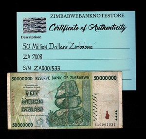 Damaged - Zimbabwe 50 Million Dollars Replacement ZA Banknote 2008 ZA0001533