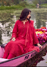 Women's Red Embroidered Cotton 3pc Set Sleeve Kurta Pants