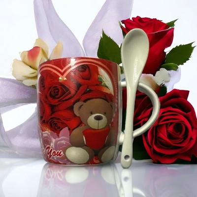 I Love You Keramiktasse mit Löffel Geschenkidee für Ihn/Sie Tasse mit Herz Bä...