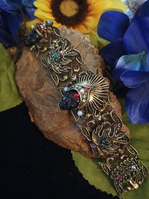 Vintage Pam Signed Asian Princess Face Crystal Ornate Chunky Link Bracelet Retro