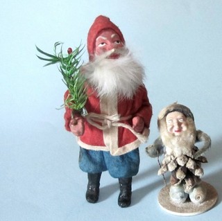 ANTIQUE GERMAN BELSNICKEL SANTA CLAUS 5" CLAY FACE HANDS TREE FELT CLOTHES & ELF