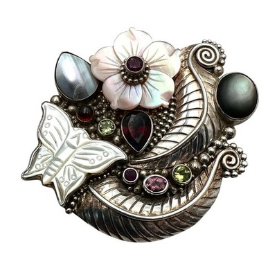 SAJEN Butterfly Flower Pendant Multi Gemstone Sterling Silver Pin Pendant Brooch