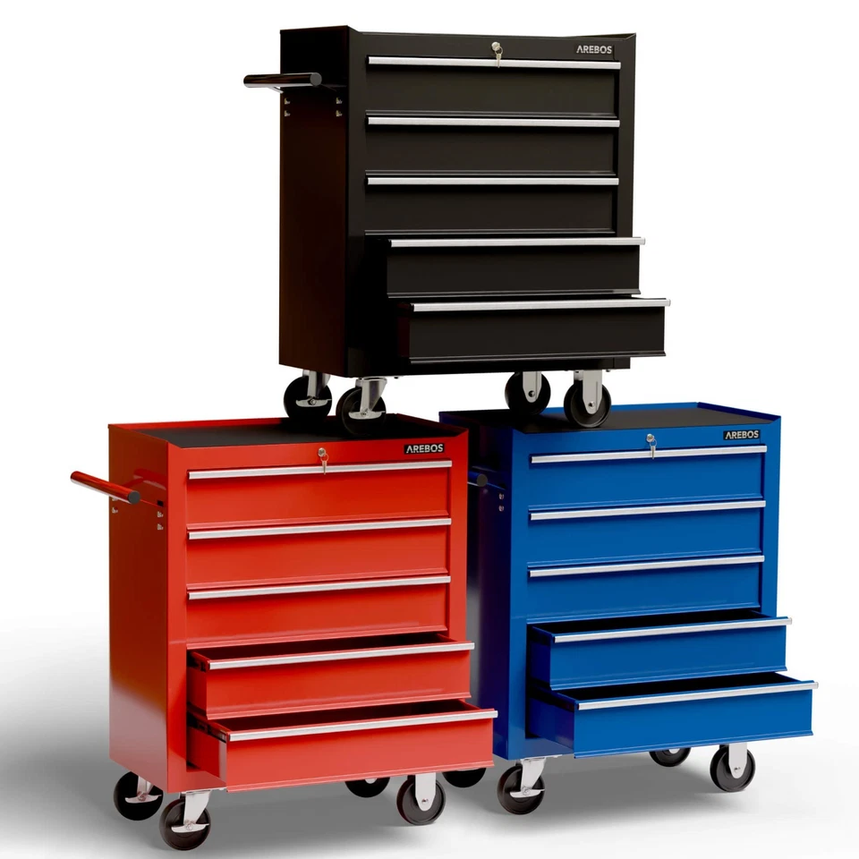 AREBOS Servante d'atelier 5 tiroirs–Chariot à outils Acier – Bleu, Rouge, Noir - Photo 1/1