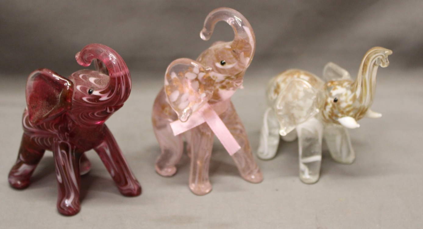 Lot of 3 Hand Blown Art Glass Elephant Figurines – Pink, Red Swirl & Clear Gold
