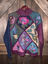 VTG 90s Eddie Bauer Sweater Women’s XL 100% Wool Floral Patchwork Pullover