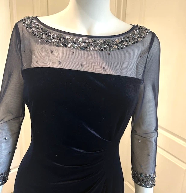 Vestido de Fiesta Formal TAHARI Azul Marino Terciopelo Estrás Cuentas Escote Transparente Talla 4 Foto 2 de 4