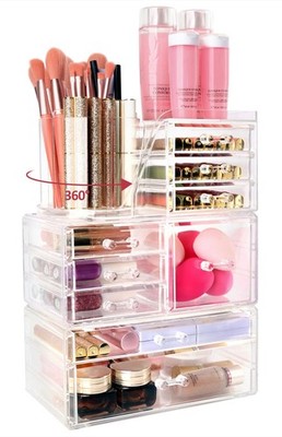 Clear Makeup Organizer with 9 Drawers & Rotating Brush Holder - Large Capacit...