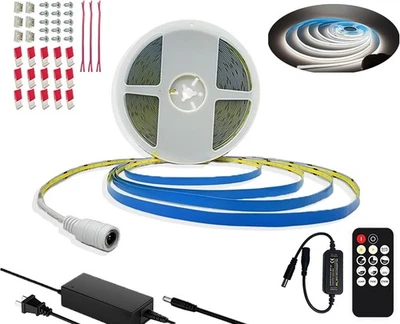 Q-QINGCHEN 50ft/15m COB LED Strip Light 24V 3000K/4000K/6500K White with Adapter and Remote