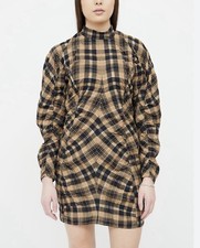 Ganni Charron Seersucker Long Sleeve Mini Dress Check Brown Black Size 32 NWT