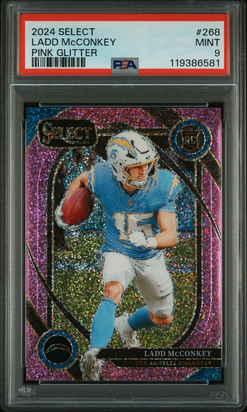 Ladd Mcconkey 2024 Panini Select #268 Rookie Club Pink Glitter Prizm /15 PSA 9