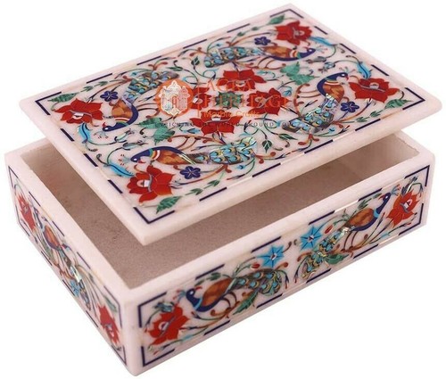 6"x4"x2" Marble Jewelry Lidded Box Peacock Inalid Pietradura Thanksgiving Gift - Picture 5 of 6