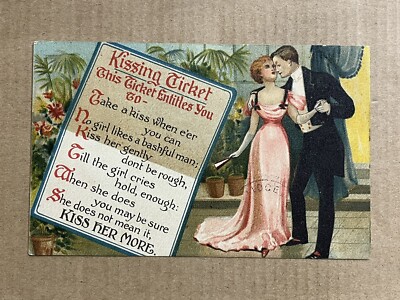 Postcard Lovers Sweetheart Couple Kissing Ticket Dating Marriage Vintage Art PC